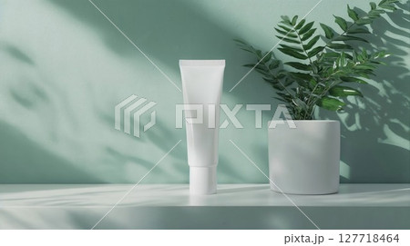 A sleek white skincare tube placed next to a potted plant, illuminated by natural sunlight, representing minimalism, beauty, and eco-friendly wellness 127718464