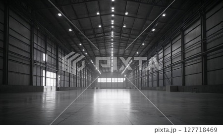 Vast industrial warehouse interior with high ceilings, steel walls, and bright overhead lighting. Ideal for logistics, manufacturing, or storage themes 127718469
