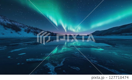 Northern Lights (Aurora Borealis) dance across starry sky over frozen lake landscape. Vibrant turquoise lights reflect perfectly in icy surface against snowy mountain backdrop Northern Lights (Aurora Borealis) dance across starry sky over frozen lake landscape. Vibrant turquoise lights reflect perfectly in icy surface against snowy mountain backdrop 127718474