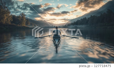 Solitary rower on tranquil mountain lake at sunrise, silhouetted against dramatic sky. Misty landscape creates atmospheric scene with perfect water reflections 127718475