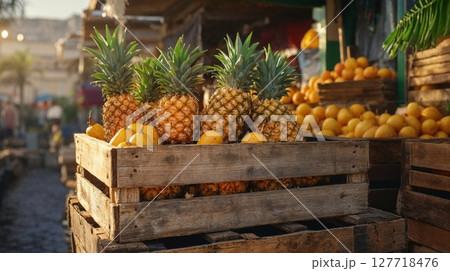 Fresh pineapples and citrus fruits displayed in rustic wooden crates at market stall, golden hour lighting creating warm tropical atmosphere 127718476