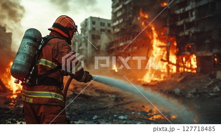 A brave fireman is utilizing a hose to extinguish a raging fire 127718485