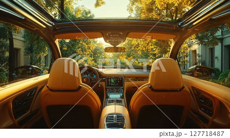 Luxury car interior view through panoramic sunroof with autumn trees background. Premium tan leather cockpit with modern dashboard illuminated by warm sunset light Luxury car interior view through panoramic sunroof with autumn trees background. Premium tan leather cockpit with modern dashboard illuminated by warm sunset light 127718487