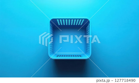 Empty blue plastic basket photographed from above on matching background. Minimal still life composition with geometric shapes and shadows Empty blue plastic basket photographed from above on matching background. Minimal still life composition with geometric shapes and shadows 127718490