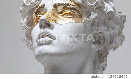 white marble statue featuring intricate gold leaf detailing around the eyes, symbolizing elegance, artistry, and classical refinement in modern art 127718491