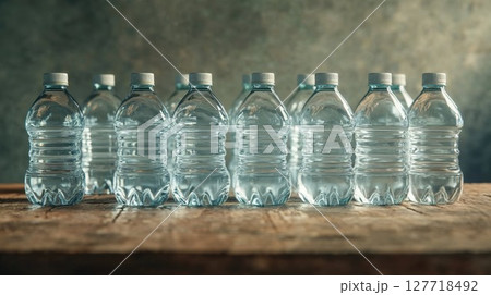 Clear plastic water bottles lined up on rustic wooden surface, highlighting environmental concerns about single-use plastics. Natural lighting creates subtle reflections in transparent bottles 127718492