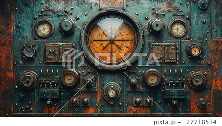 Vintage industrial control panel featuring a large central compass/gauge with orange dial, surrounded by various meters, clocks, and controls on a weathered turquoise metal surface with rust patina 127718514