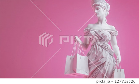 Classical white marble statue reimagined as a modern shopper, holding shopping bags against a pink background, creating a humorous blend of ancient art and contemporary consumerism 127718526