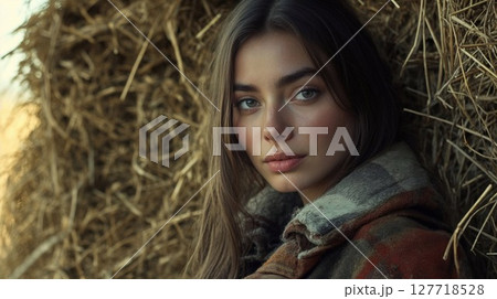 Close-up portrait with rustic backdrop of hay, featuring natural lighting and subject wearing warm plaid wrap, creating cozy autumn/winter countryside atmosphere 127718528