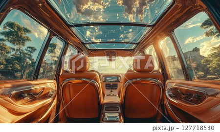 Luxurious car interior with brown leather seats and panoramic sunroof, capturing a stunning sunset view with clouds and trees visible through the glass panels Luxurious car interior with brown leather seats and panoramic sunroof, capturing a stunning sunset view with clouds and trees visible through the glass panels 127718530