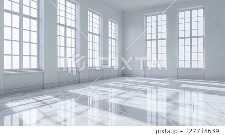 Luxurious empty white room with marble floors and tall Georgian windows. Bright minimalist interior with natural light casting geometric shadows through window panes Luxurious empty white room with marble floors and tall Georgian windows. Bright minimalist interior with natural light casting geometric shadows through window panes 127718639