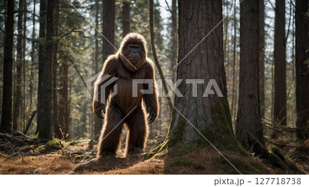 A bigfoot creature is standing right next to a tree in the woods 127718738