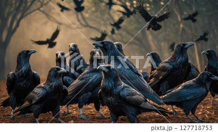 A group of ominous black ravens perched and flying in a foggy forest setting, symbolizing mystery, darkness, and gothic atmosphere 127718753