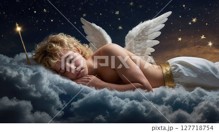 Ethereal depiction of a sleeping angel with white wings and golden curls, resting on clouds under a starry sky, holding a glowing arrow, symbolizing innocence and peace 127718754
