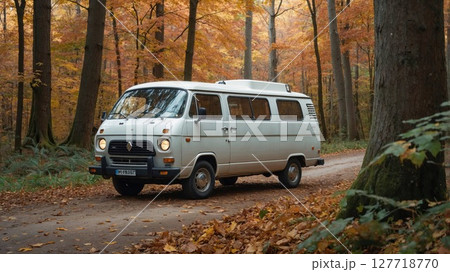 A white van is traveling along a dirt road surrounded by trees in the woods A white van is traveling along a dirt road surrounded by trees in the woods 127718770