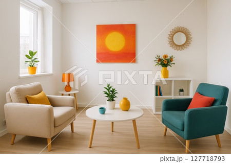 Bright psychotherapy office with sun artwork and comfortable chairs for warm and inviting atmosphere. concept of relaxation, modern interior decor, therapy space 127718793