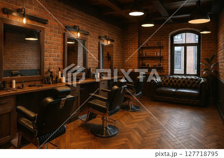 cozy barbershop interior with classic leather chairs and rustic exposed brick walls. concept of vintage grooming space, traditional decor, men's haircut experience 127718795