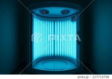 Bright blue tanning illumination in a simple room with enhanced lighting effects. concept of indoor sunbathing, modern wellness, tanning salon experience 127718796