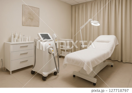 Modern laser hair removal room with equipment and comfortable chair in relaxing spa setting. concept of beauty treatment, hair removal, professional salon atmosphere 127718797