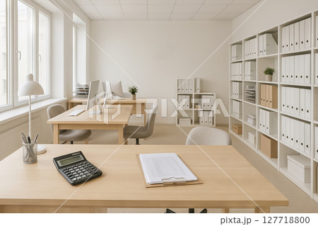 Bright empty office space with modern minimalist design featuring large windows and organized workstations 127718800