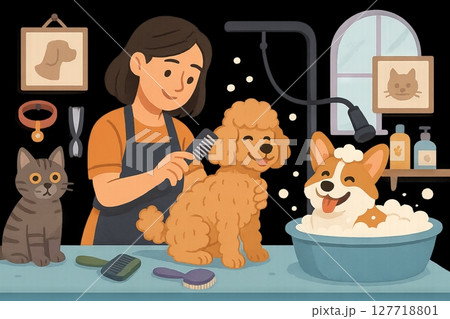 Woman grooming poodle and bathing happy corgi in pet salon with cat observation. concepts of pet care, animal grooming, veterinary environment 127718801