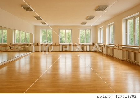 Spacious wooden dance studio with large windows and mirrors for ballet practice and dance lessons on bright day. concept of dance, open space, artistic expression 127718802
