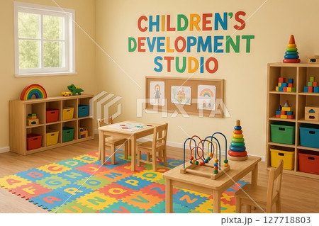 Colorful children s development studio with wooden furniture, toys, and decor in a bright playroom. concept of early childhood education, creativity, learning space. 127718803