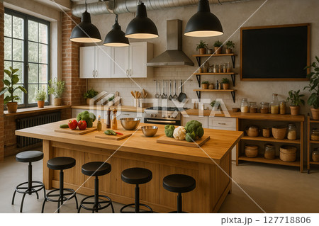 Culinary studio with modern kitchen interior and wooden decor featuring fresh vegetables. concept of cooking class, culinary creativity, and kitchen design 127718806