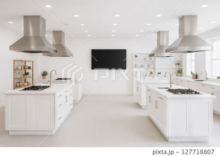Modern minimalist kitchen studio interior with sleek stainless steel appliances and spacious white counters. concept of contemporary culinary space, professional cooking, clean design. 127718807