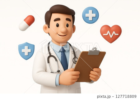 Cartoon doctor illustration with stethoscope and clipboard surrounded by medical symbols. concept of healthcare, medicine, doctor character, hospital tools, white background 127718809