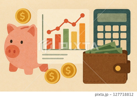 Financial planning essentials with piggy bank, graph, wallet, and calculator. concept of saving money, budgeting, financial strategy, investment goals. 127718812