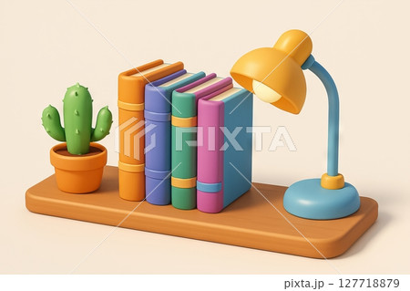Colorful books and desk lamp with cactus on wooden shelf in minimalist interior design. concept of cozy home decor, reading corner, indoor plants 127718879