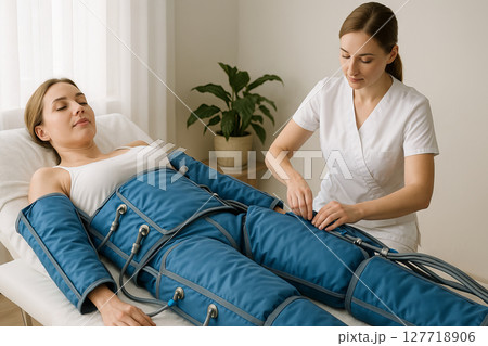 Woman undergoing lymphatic drainage therapy session in a spa setting with professional practitioner. concept of wellness, relaxation, health treatment. 127718906