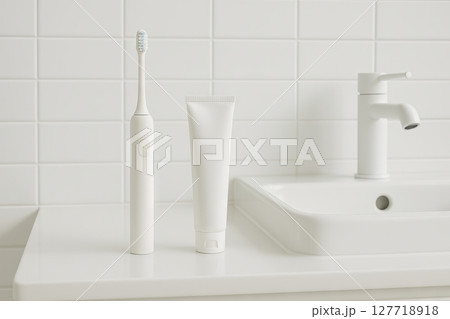 Simple electric toothbrush and toothpaste in modern bathroom for daily oral hygiene. concept of cleanliness, morning routine, personal care 127718918