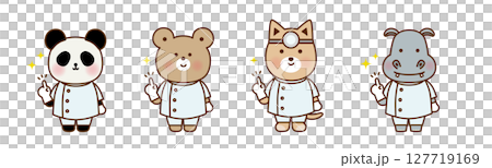 指差ししたかわいい動物の歯医者さんキャラセット｜くま・パンダ・犬・カバ 127719169