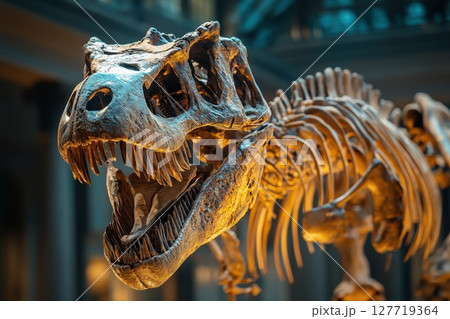 Fossilized tyrannosaurus rex skeleton on display in a natural history museum showcasing prehistoric life 127719364