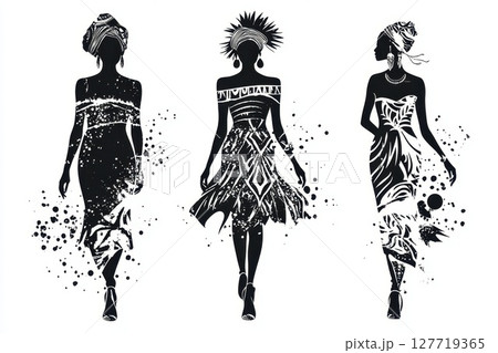 Elegant silhouettes of diverse women in traditional attire showcase cultural vibrancy during a fashion event 127719365