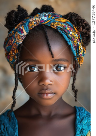 Girl with beautiful eyes and vibrant head wrap stands against a textured background showcasing her natural beauty and cultural heritage in the afternoon light Girl with beautiful eyes and vibrant head wrap stands against a textured background showcasing her natural beauty and cultural heritage in the afternoon light 127719446