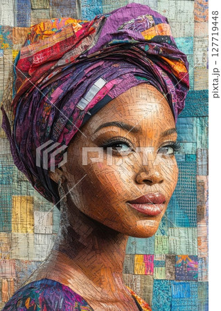 Portrait of a woman adorned in vibrant headwrap against a textured background highlighting artistic expression and cultural heritage in a contemporary setting 127719448