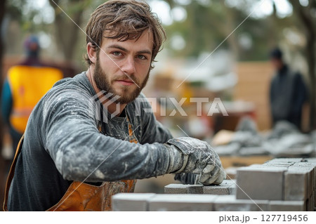 Young male mason working diligently with bricks at a construction site during the day, showcasing craftsmanship and focus on his task in a bustling environment Young male mason working diligently with bricks at a construction site during the day, showcasing craftsmanship and focus on his task in a bustling environment 127719456