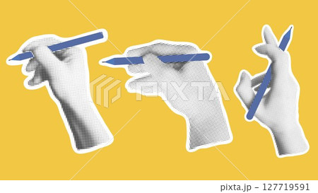Set of female hand with pen in halftone style 127719591