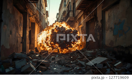 Powerful Explosion in Urban Alleyway with Bricks and Debris Flying, realistic photography of cracked walls and rubble mid-air under golden hour light 127719609