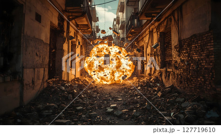 Powerful Explosion in Urban Alleyway with Bricks and Debris Flying, realistic photography of cracked walls and rubble mid-air under golden hour light 127719610
