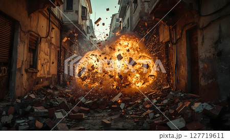 Powerful Explosion in Urban Alleyway with Bricks and Debris Flying, realistic photography of cracked walls and rubble mid-air under golden hour light 127719611