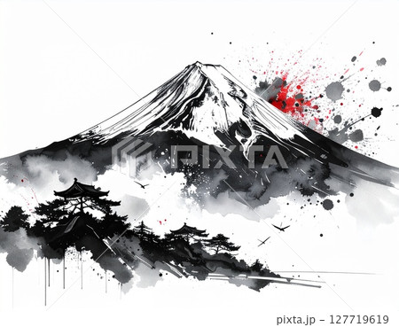水墨画 日本の風景 日本の水墨画風に描かれた富士山の風景イラストのイラスト素材