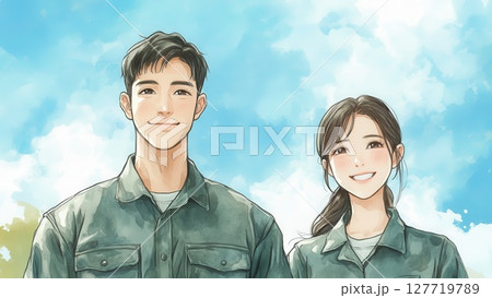 笑顔の男女イラスト・作業着姿の爽やかなイメージ_3 127719789