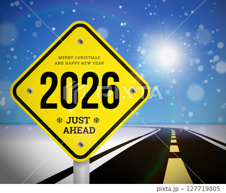 Happy new year 2026 greetings with road sign on the background of the road going into the distance planning concept and goals implementation. Vector illustration 127719805
