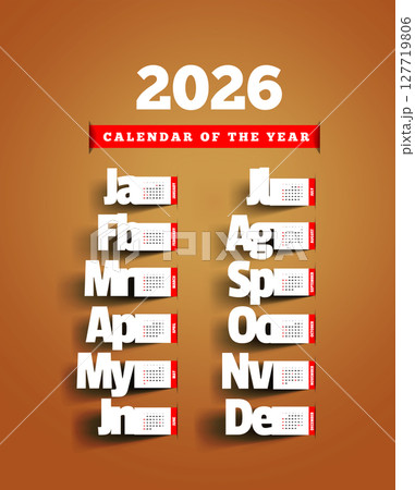 Calendar for 2026. Vector illustration with months cut out of paper. Start of the week - Sunday 127719806