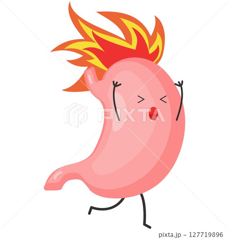 Stomach heartburn vector esophageal mascot in fire 127719896