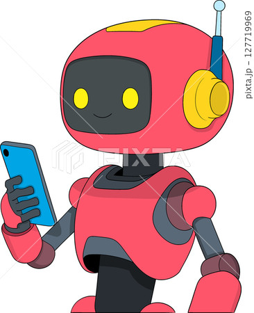 Red artificial intelligence robot holding and studying a smartphone with learning icons 127719969